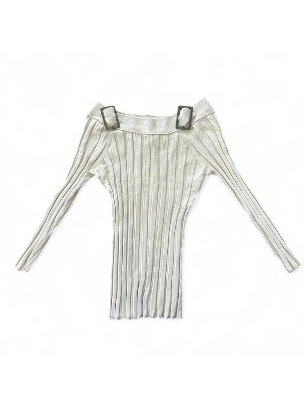 Ivory Ribbed Knit Off-the-Shoulder Sweater with Buckle Accents, Women's